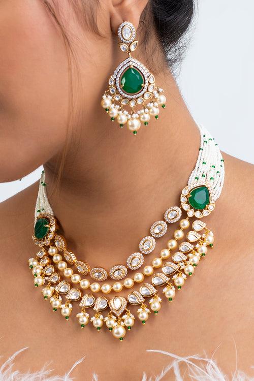 Verdant Harmony Polki Necklace with Earrings