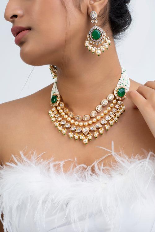 Verdant Harmony Polki Necklace with Earrings