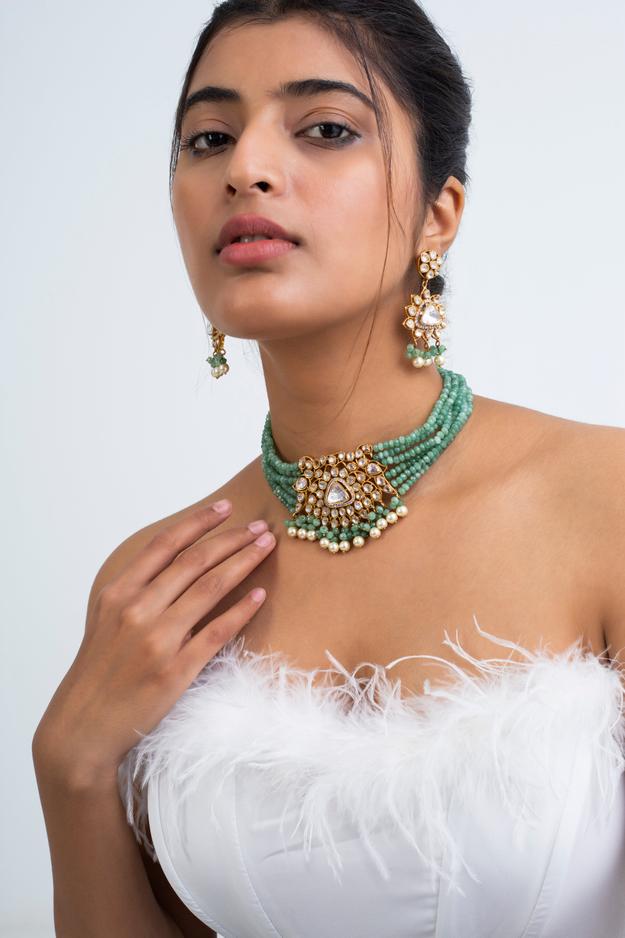 Hira Panna Polki Necklace with Earrings