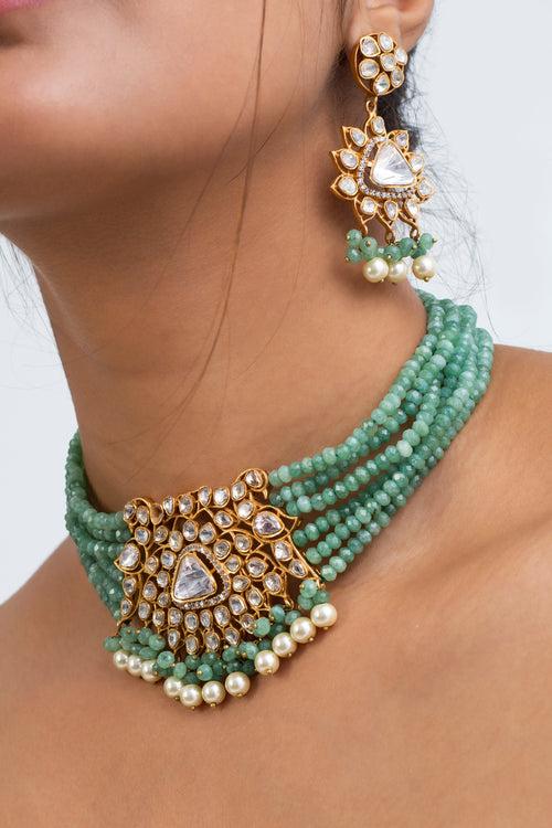 Hira Panna Polki Necklace with Earrings