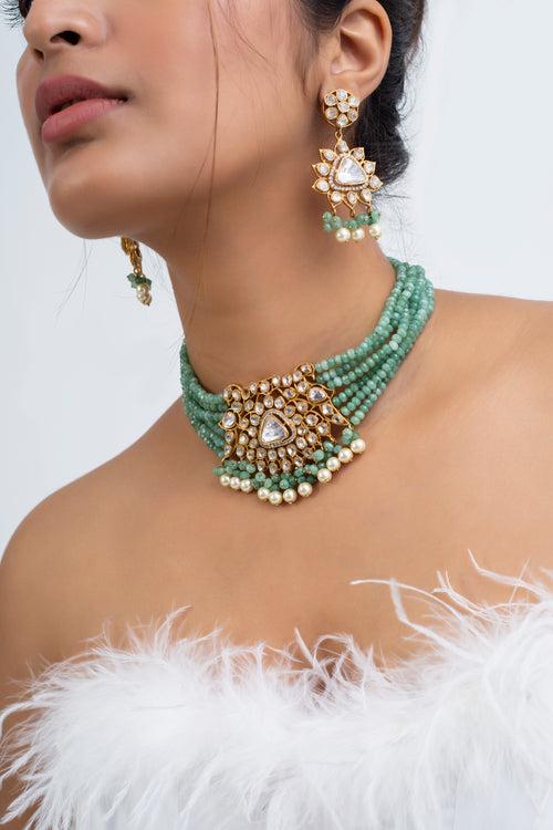 Hira Panna Polki Necklace with Earrings