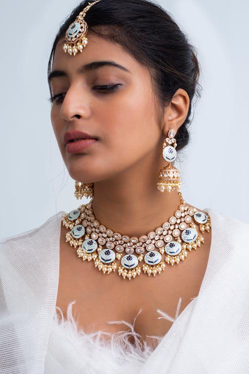 Sagar Moti Polki Necklace with Maang Tika and Earrings