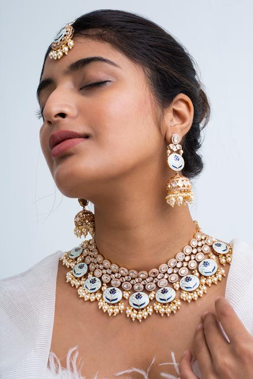 Sagar Moti Polki Necklace with Maang Tika and Earrings