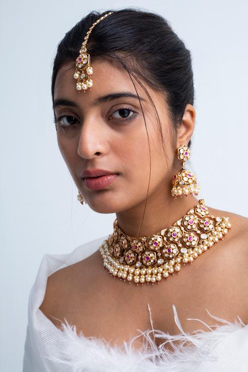 Kanchan Amrit Polki Necklace with Maang Tika and Earrings