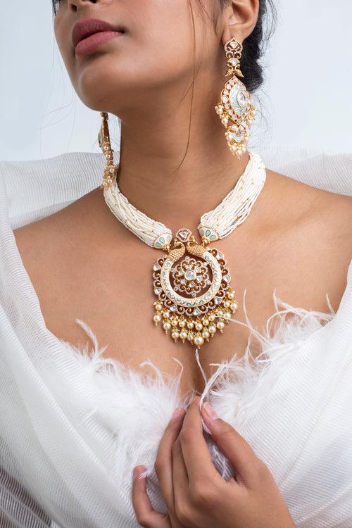 Snowlit Symphony Polki Necklace with Earrings