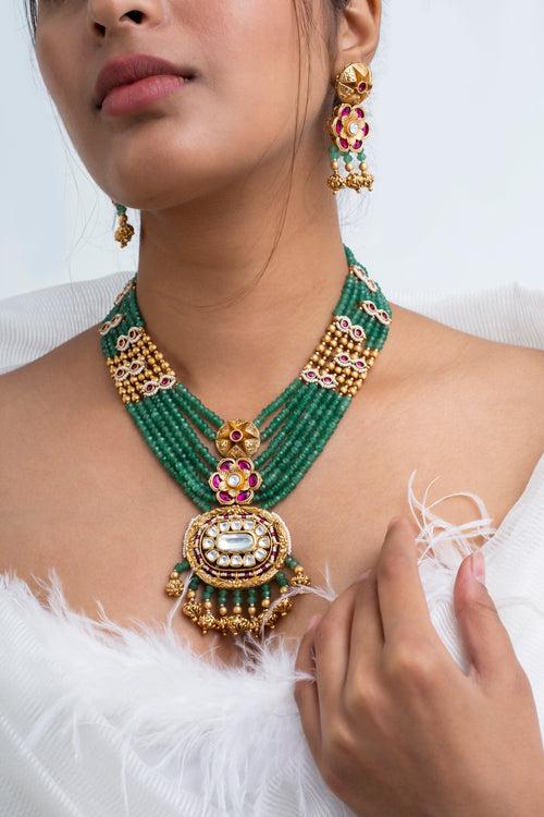 Mehndi Chhaya Polki Necklace with Earrings