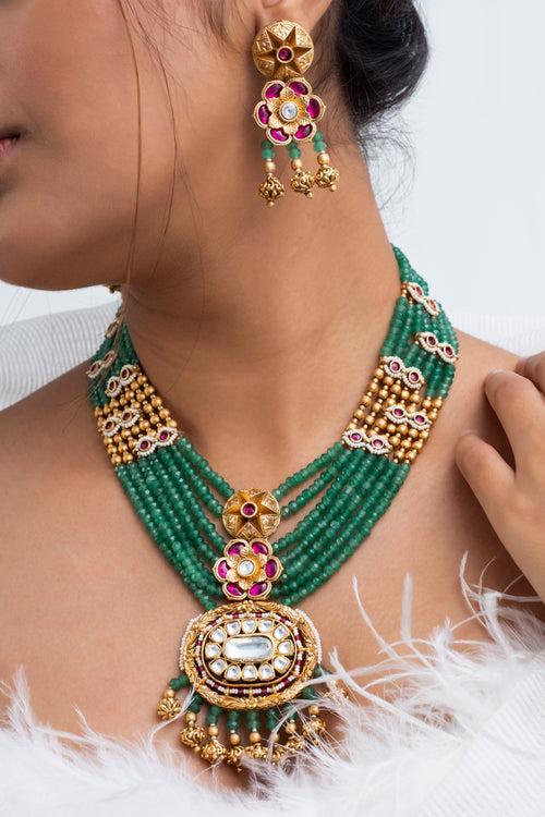 Mehndi Chhaya Polki Necklace with Earrings