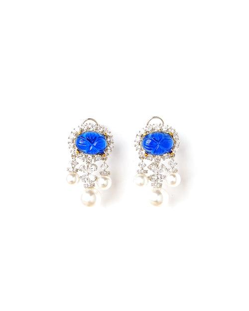 Sapphire Blue Diamante Pearls Dangling Earrings