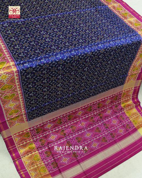 Traditional Buttonful Bhat Pink and Blue Single Ikat Rajkot Patola Saree