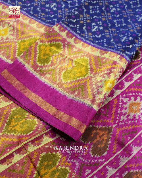 Traditional Buttonful Bhat Pink and Blue Single Ikat Rajkot Patola Saree