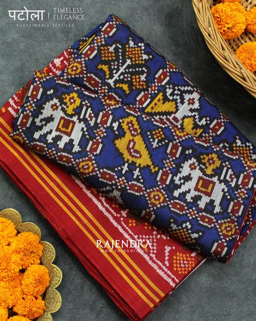 Exclusive Hathi Popat Red and Blue Semi Double Ikat Rajkot Patola Saree