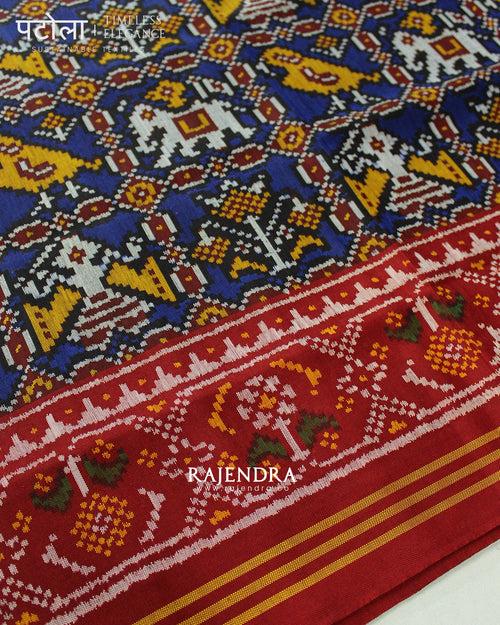 Exclusive Hathi Popat Red and Blue Semi Double Ikat Rajkot Patola Saree