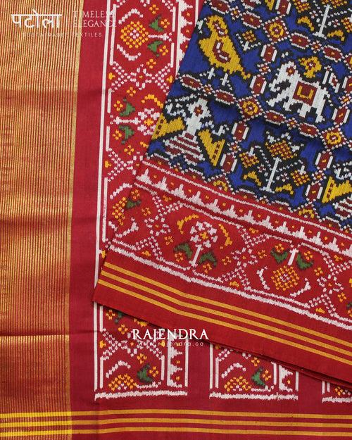 Exclusive Hathi Popat Red and Blue Semi Double Ikat Rajkot Patola Saree