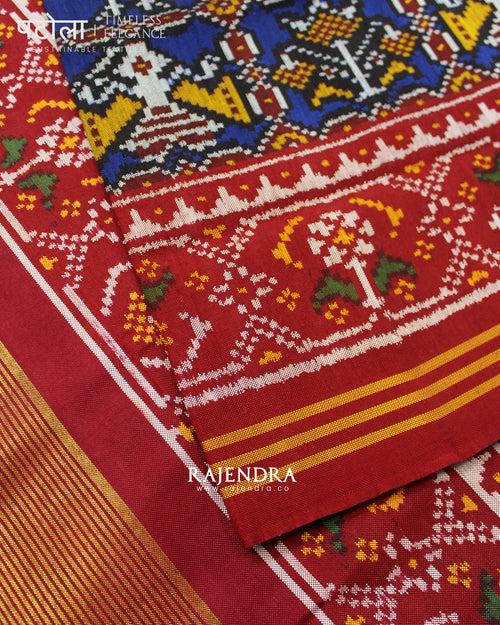 Exclusive Hathi Popat Red and Blue Semi Double Ikat Rajkot Patola Saree