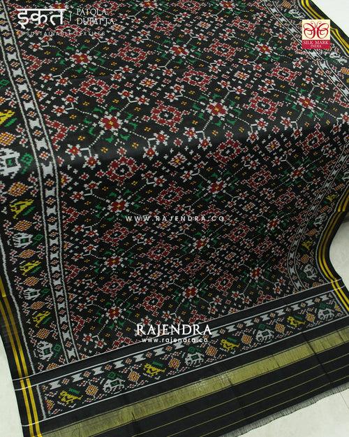 Traditional Navratna Design Black Semi Double Ikat Rajkot Patola Dupatta