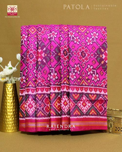 Traditional Navratna Bhat Pink Semi Double Ikat Rajkot Patola Saree