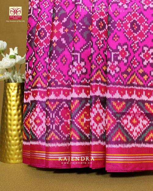 Traditional Navratna Bhat Pink Semi Double Ikat Rajkot Patola Saree