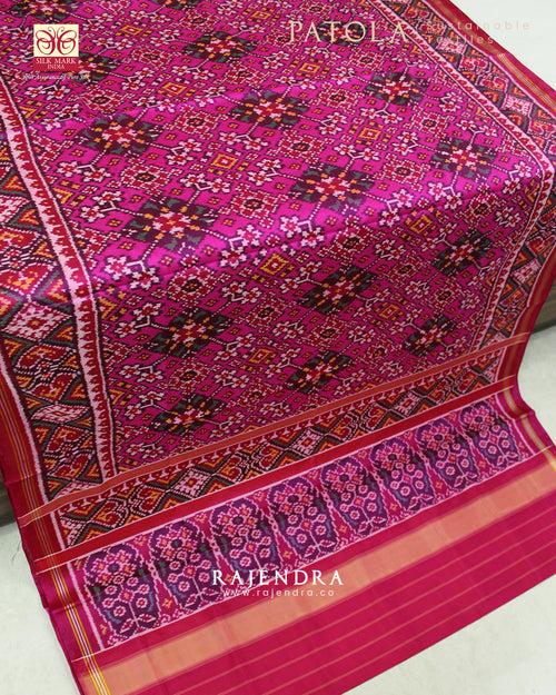 Traditional Navratna Bhat Pink Semi Double Ikat Rajkot Patola Saree