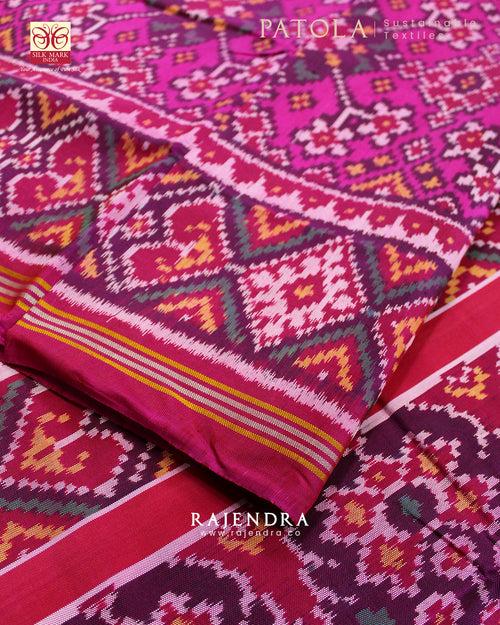 Traditional Navratna Bhat Pink Semi Double Ikat Rajkot Patola Saree