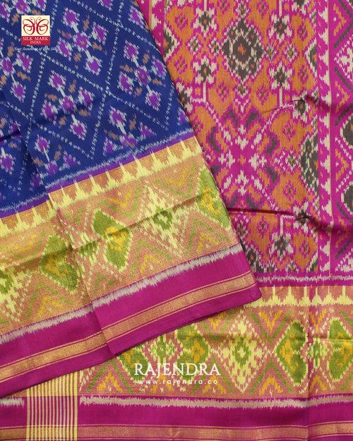 Traditional Panchanda Bhat Pink and Blue Single Ikkat Rajkot Patola Saree