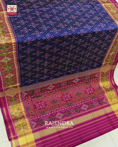 Traditional Panchanda Bhat Pink and Blue Single Ikkat Rajkot Patola Saree