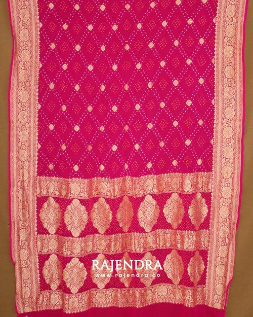 Traditional Pure Georgette Pink Border Palav Banarasi Bandhani Saree