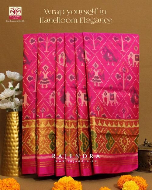 Handwoven Hathi Popat Bhat Pink Single Ikkat Rajkot Patola Saree