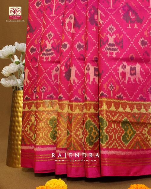 Handwoven Hathi Popat Bhat Pink Single Ikkat Rajkot Patola Saree