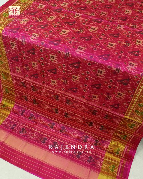 Handwoven Hathi Popat Bhat Pink Single Ikkat Rajkot Patola Saree