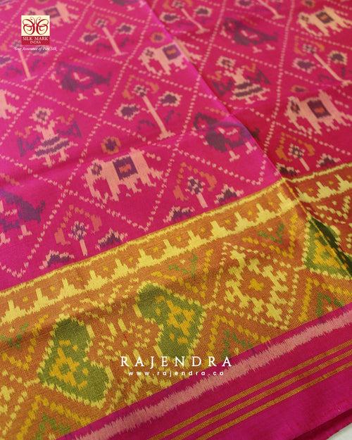 Handwoven Hathi Popat Bhat Pink Single Ikkat Rajkot Patola Saree