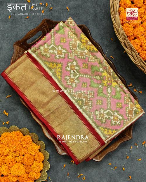 Zari x Silk Navratna Bhat Red and Pink SIngle Ikkat Rajkot Patola Saree