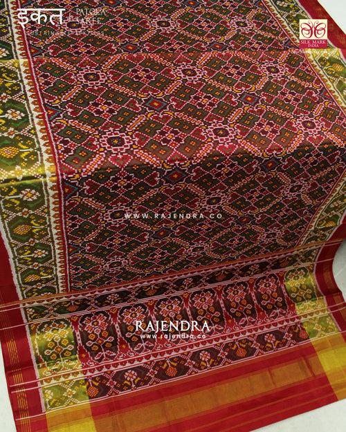 Traditional Manekchowk Bhat Red and Green Single Ikat Rajkot Patola Saree