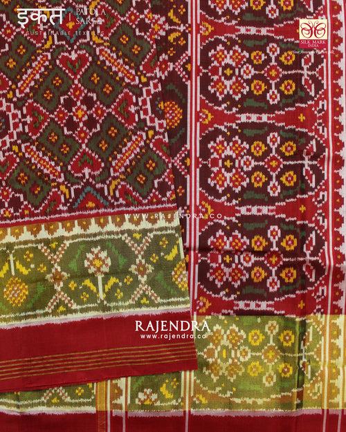 Traditional Manekchowk Bhat Red and Green Single Ikat Rajkot Patola Saree