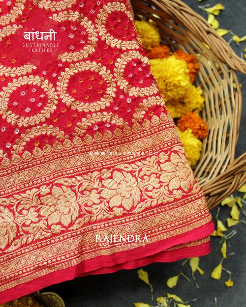 Traditional Khadi Georgette Strawberry Pink with Peach Banarasi Bandhani Saree