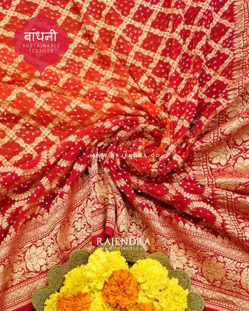 Traditional Khadi Georgette Strawberry Pink with Peach Banarasi Bandhani Saree