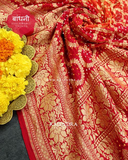 Traditional Khadi Georgette Strawberry Pink with Peach Banarasi Bandhani Saree