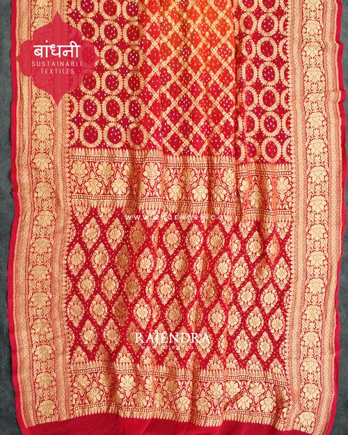 Traditional Khadi Georgette Strawberry Pink with Peach Banarasi Bandhani Saree