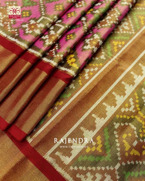 Zari x Silk Navratna Bhat Red and Pink SIngle Ikkat Rajkot Patola Saree