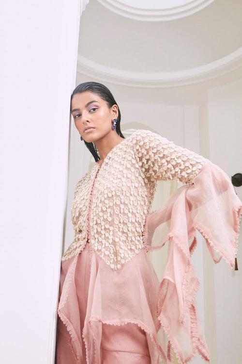 PINK PEARL EMBROIDERED PEPLUM JACKET SET