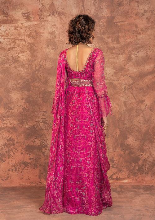 FUCHSIA PRINTED PRE-DRAPPED SAREE