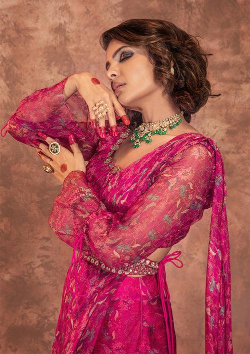 FUCHSIA PRINTED PRE-DRAPPED SAREE