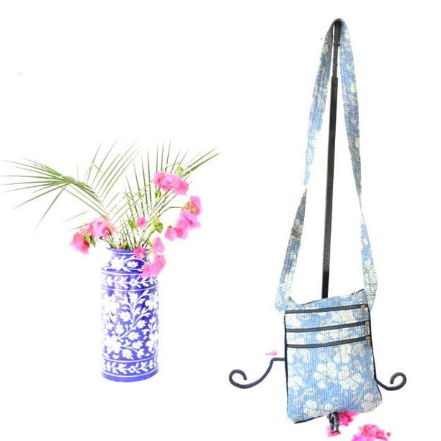 Blue White Hand block Printed Travel Sling Bag