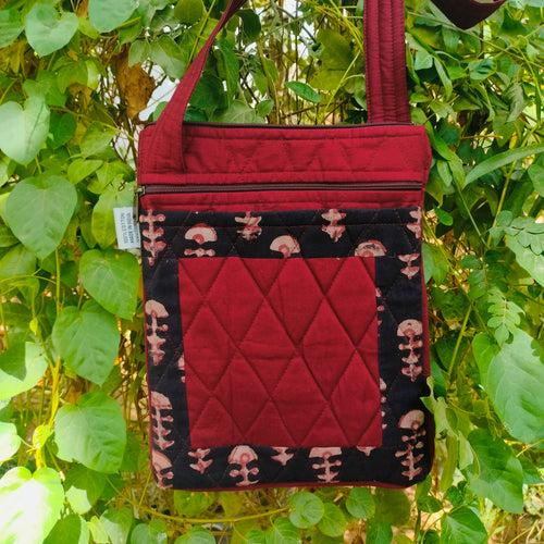 Brown & Maroon Hand-block Printed Travel Sling Bag