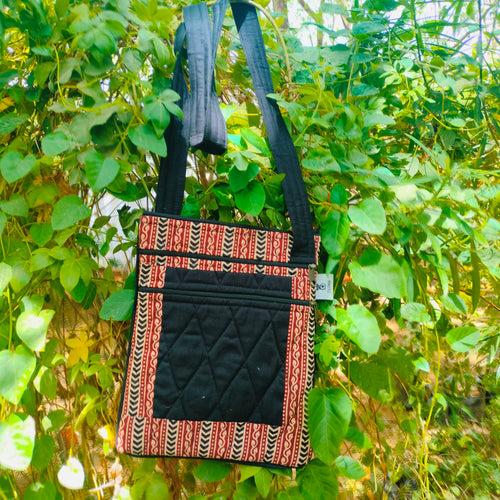 Black & Red  Hand-block Printed Travel Sling Bag