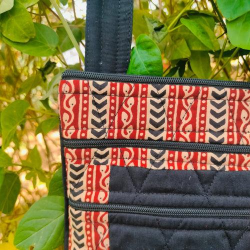 Black & Red  Hand-block Printed Travel Sling Bag