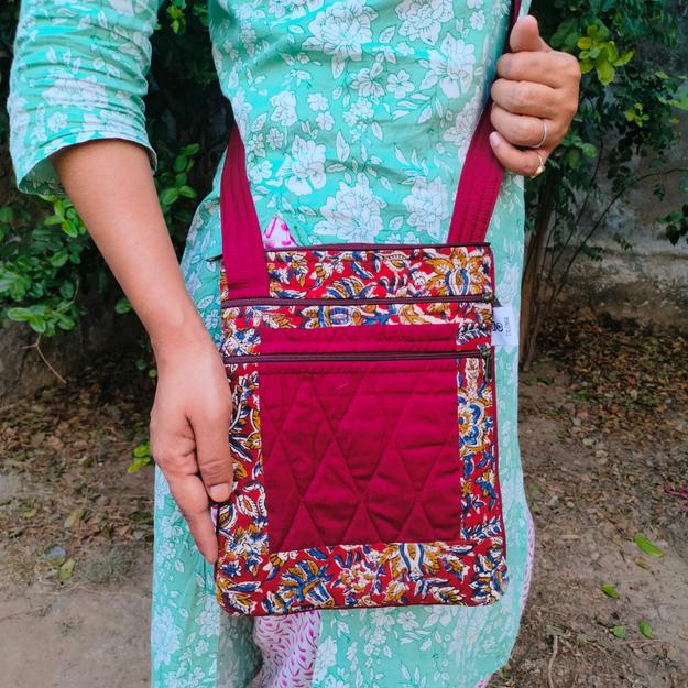 Maroon Hand-block Printed Travel Sling Bag