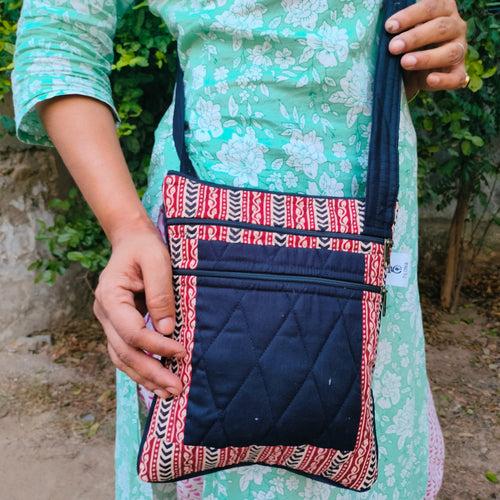 Black & Red  Hand-block Printed Travel Sling Bag