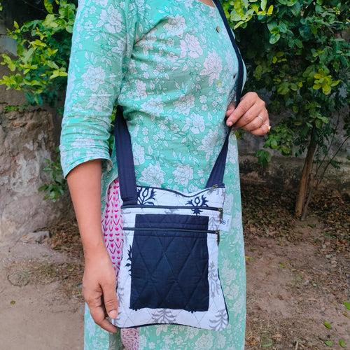 Black & White Hand-block Printed Travel Sling Bag