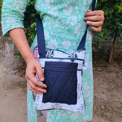 Black & White Hand-block Printed Travel Sling Bag