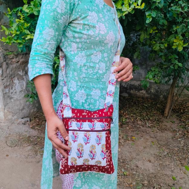 Red & White  Hand-block Printed Travel Sling Bag